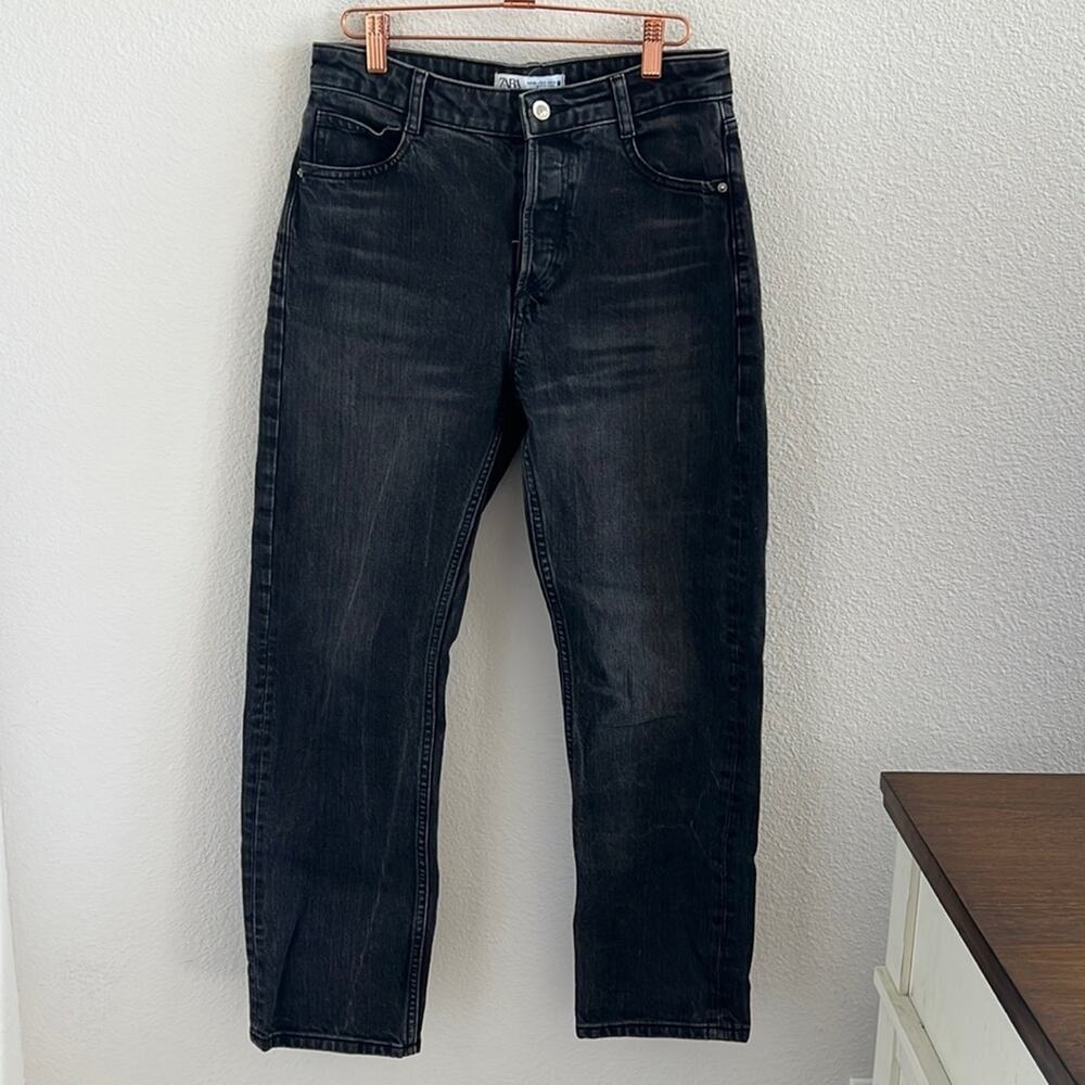 Zara Black Washed Denim Button Fly Straight Denim USA 6